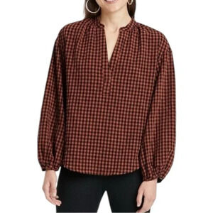 A New Day Women’s Long Sleeve Checkered Plaid Gingham Puff Sleeve Top Sz S Rust